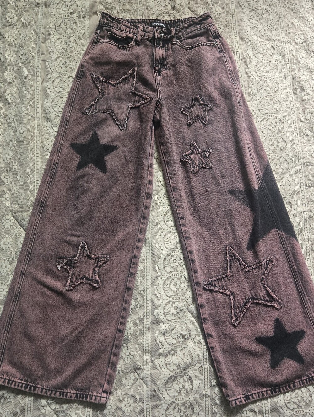 Hot Topic Red Wash Frayed Star Wide Leg Jeans Distressed Faded - Picture 1 of 4
